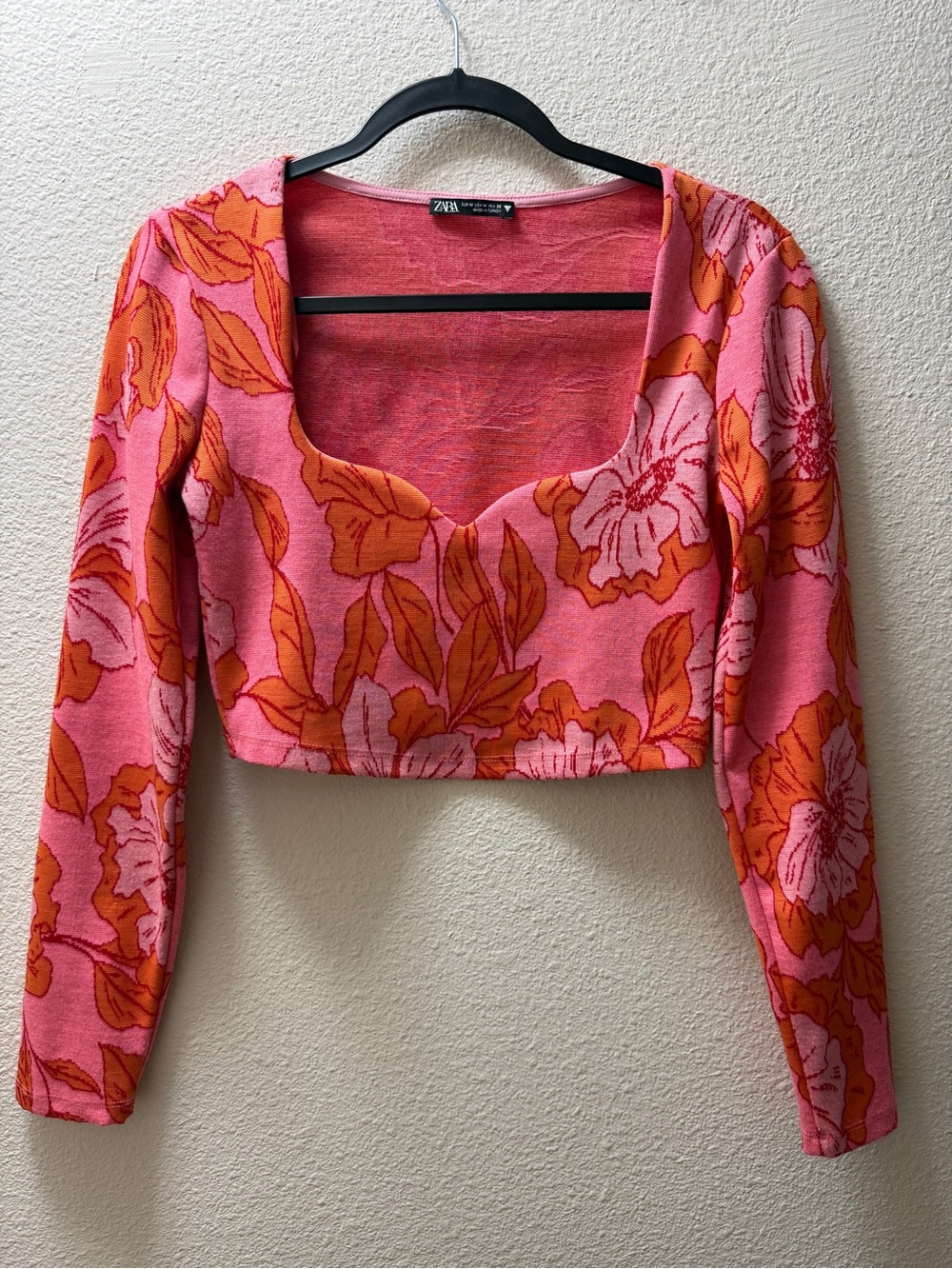 ZARA Floral Crop Top Medium Pink Orange Long Sleeve Sweetheart Neck Jacquard M